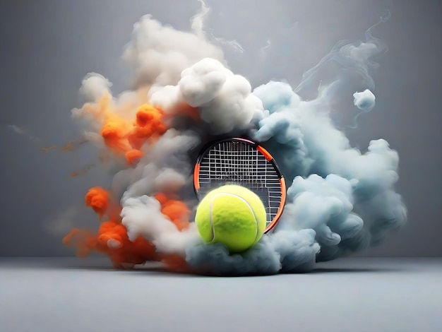 Creative sport banner of a tennis ball in white smoke clouds Generative AI