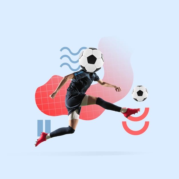 Foto sport creativo e stile geometrico calciatore di calcio in movimento d'azione sul blu