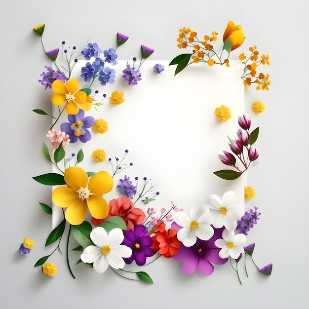 Creative spring flower composition with frame on white background Illustration AI generated