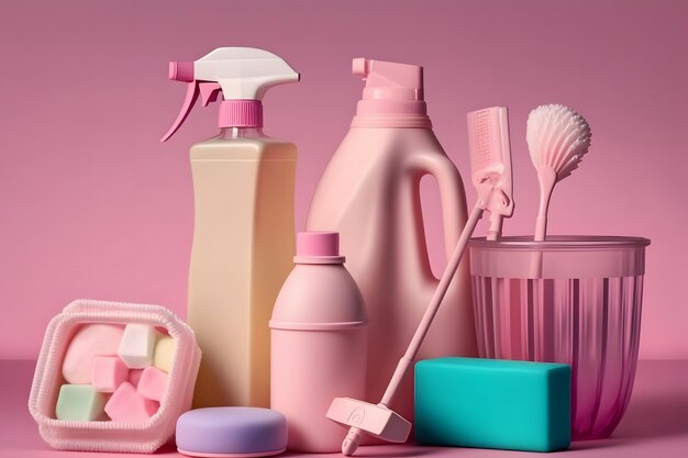 Creative still life with supplies for cleaning or housekeeping on podiums over pink background
