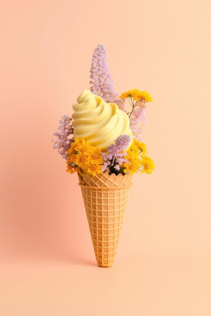 Creative still life with vanilla ice cream in waffle cone decorated with flowers