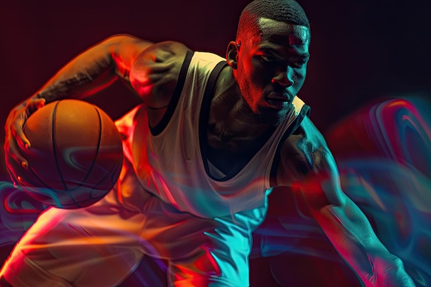 Creative studio shot of basketball player in the studio using color gels and projector lights