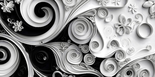 Creative stylish abstract background in quilling technique showcasing intricate patterns and shapes made from rolled paper Suitable for card design advertising and bannersblack and white palette