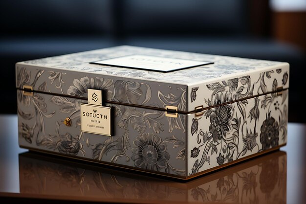 Foto creative of stylish box packaging mostra il design della collezione allure e soph elegant box