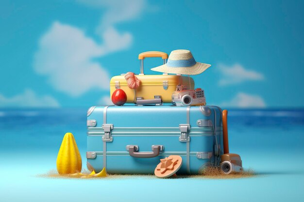 Creative Summer Beach Composition in Suitcase on Blue Background A Travel Concept Idea in 3D Rendering AI Generative