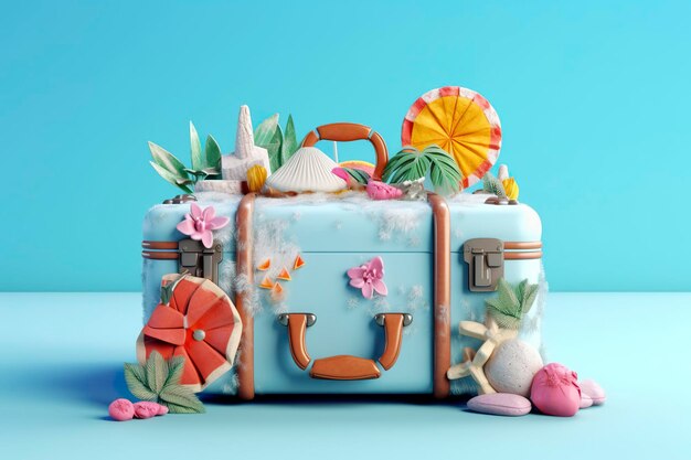 Creative summer beach composition in suitcase on blue background a travel concept idea in 3d rendering ai generative