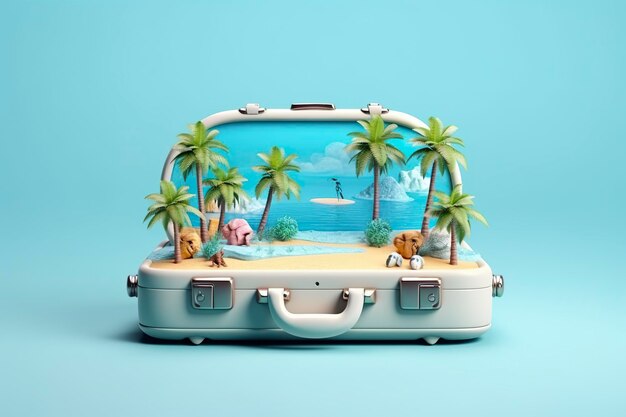 파란색 배경의 여행 가방에 있는 창의적인 여름 해변 구성 3D 렌더링 AI 생성의 여행 개념 아이디어