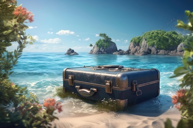 섬 AI에 거대한 여행 가방이 있는 창의적인 여름 해변이 생성되었습니다.