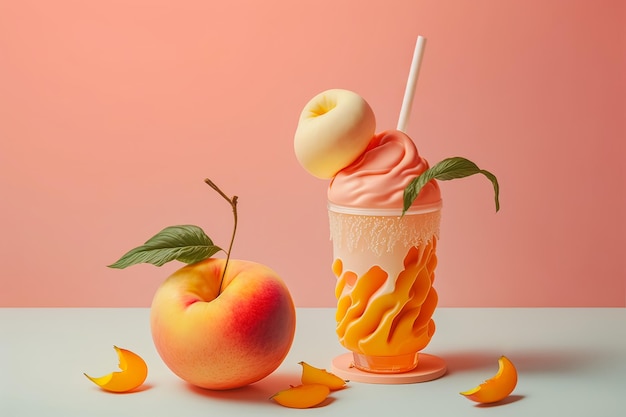 Creative summer composition with fresh peach fruits and leaf shadow on a pastel background Minimal food concept Generative AI