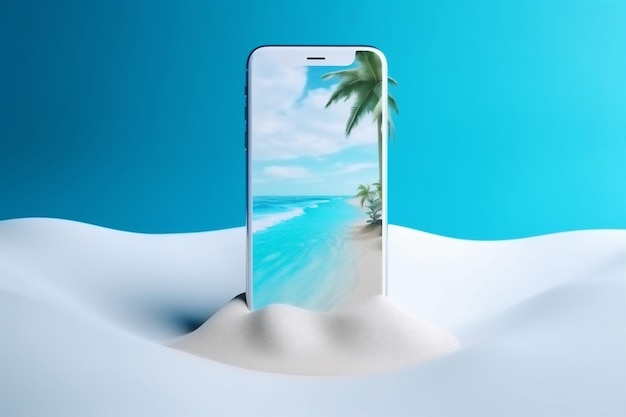 Creative summer phone sea up mock cyber sand palm holiday concept Generative AI