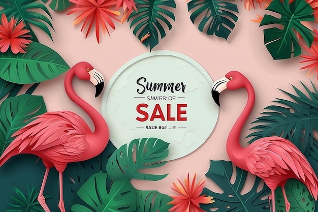 Foto banner creativo di vendita estiva in colori vivaci alla moda con foglie tropicali e testo di sconto