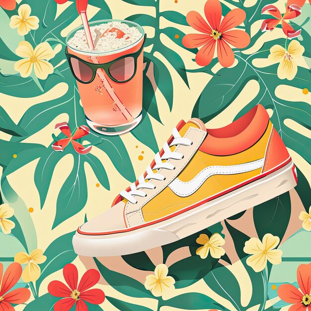 Photo a creative summer seamless pattern with sneakers and tropical leaves summer concept