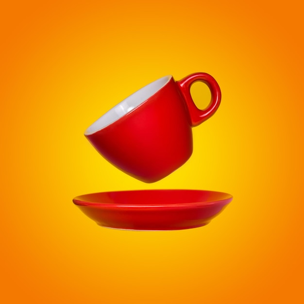 Creative surreal design with a red coffee cup and saucer on a yellow background