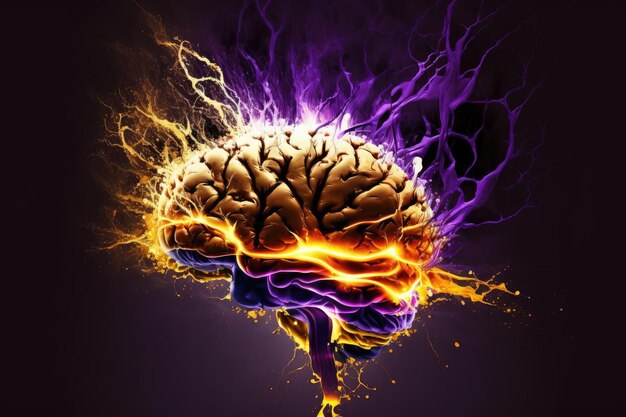 Creative thinking in form of abstract brain with flashes of thought in purple yellow colours