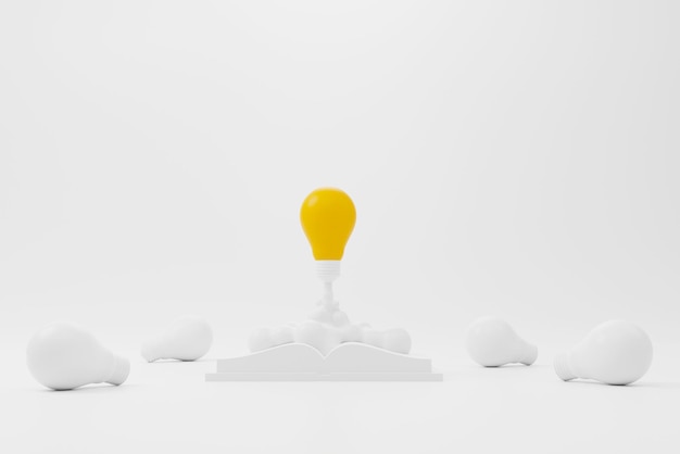 Идеи творческого мышления и инновационная концепция Ракетная лампочка летит на группе другой лампочки и книги 3d визуализации иллюстрации