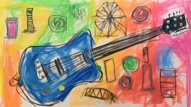 写真 ai が生成した、ミュージシャンのギターを描いたクリエイティブな幼児のクレヨン画