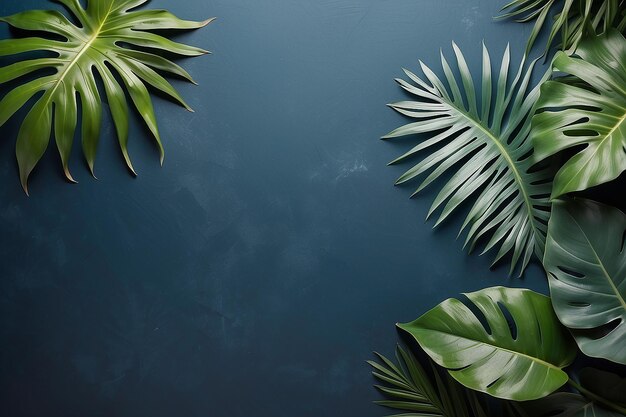 Creative tropical leaves background trandy tropical leaves on blue slate background color of the year 2018