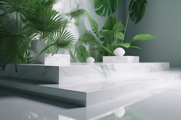 Креативная платформа зеленого цвета листьев, имитирующая мраморный космический подиум, дизайн Генеративный ИИ