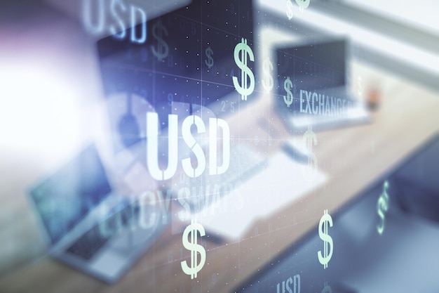 Creative USD symbols illustration and modern desktop with pc on background forex and currency concept Multiexposure