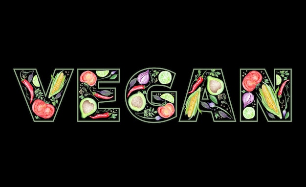 Creative vegetarian print with watercolor vegetables healthy\
food inside letters on black background