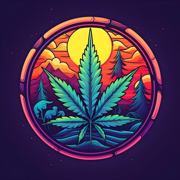 Photo creative and vibrant badge illustration design for cannabis weed marijuana hemp leaf