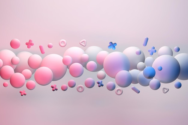 Creative vibrant illustration with many pink blue bubbles and geometric shapes