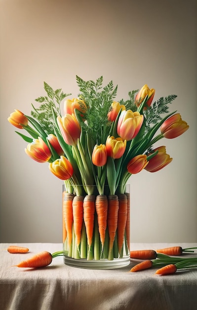 Photo creative and vibrant tulip bouquet in a carrot vase with ferns unique spring floral concept