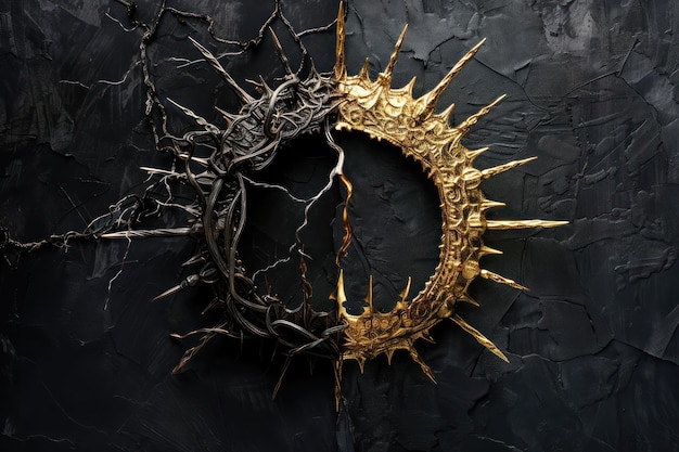 Creative view of thorns crown and gold Kings crown Religious background symbolic Jesus Christ