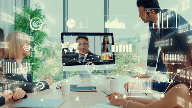 Photo creative visual of business people in a corporate staff meeting on video call