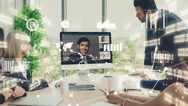 Creative visual of business people in a corporate staff meeting\
on video call