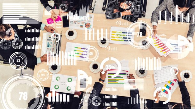 Photo creative visual of business people in corporate staff meeting