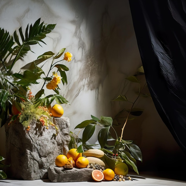 크리에이티브 벽 배경 - 식물, 가지 및 텍스처 된 돌을 가진 제품 배경 - 상업적 인 템플라