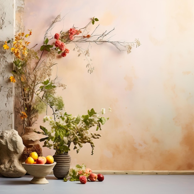 Creative wall background product backdrop with plants branches and textured stones commercial templa