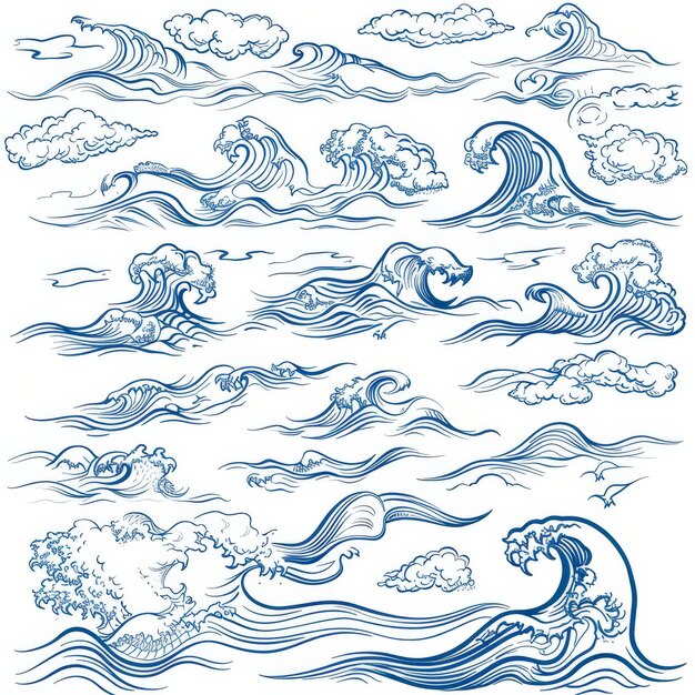 Photo creative water wave splashing china thailand japan single line modern style isolated on white