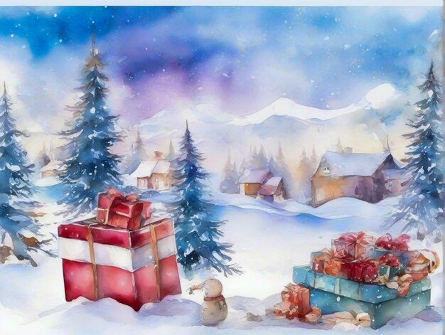 Creative watercolours winter landscape with gift boxes and santa claus