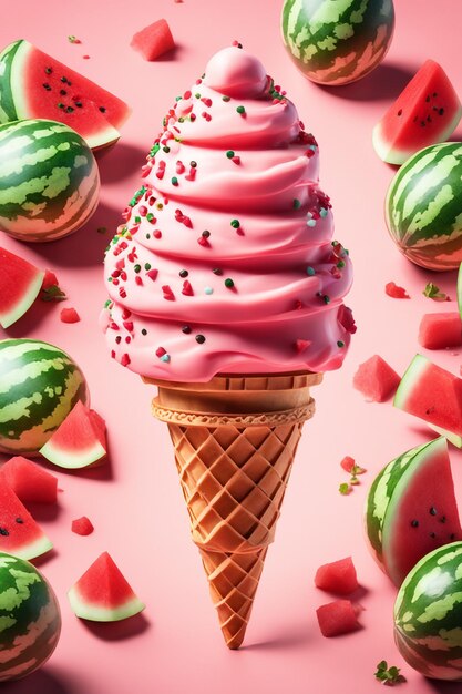 creative watermelon ice cream cone with Sprinkles and Lots of delicious watermelon sauce