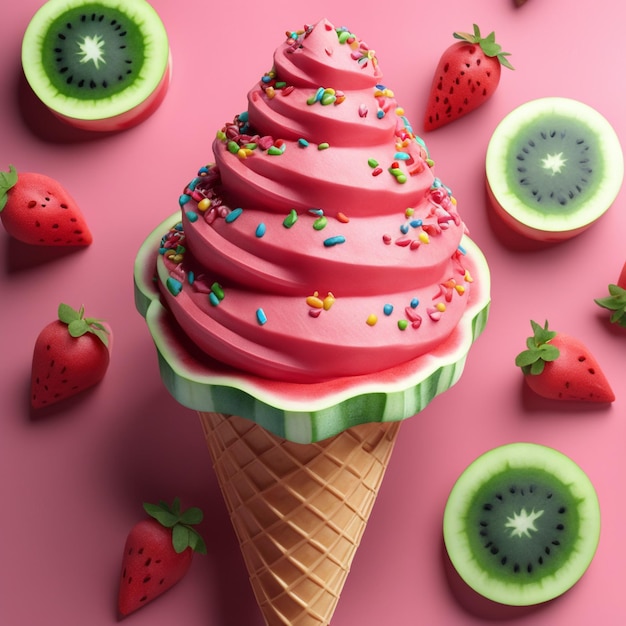 creative watermelon ice cream cone with Sprinkles and Lots of delicious watermelon sauce