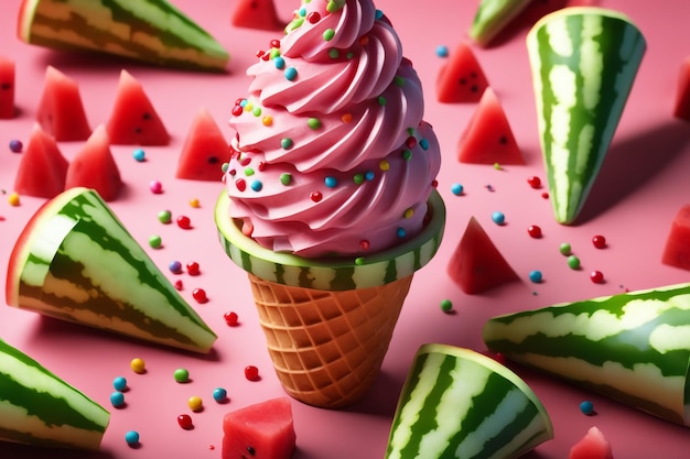 creative watermelon ice cream cone with Sprinkles and Lots of delicious watermelon sauce