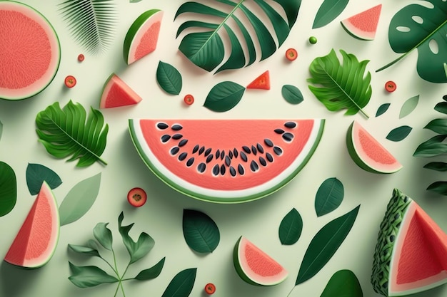 Creative watermelon layout Summer trendy bright pattern with sliced watermelon and tropical leaves AI Generation