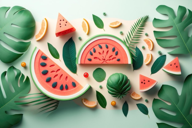 Creative watermelon layout Summer trendy bright pattern with sliced watermelon and tropical leaves AI Generation