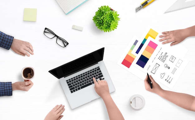 creative web design studio concept. work meeting. top view, flat lay work desk.