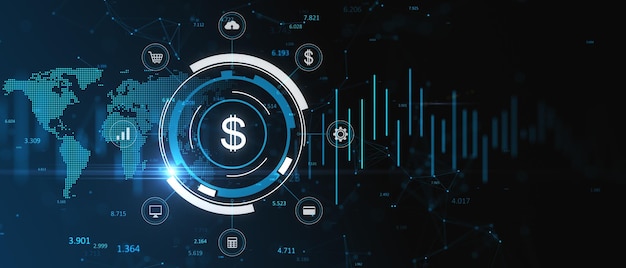 Креативная широкая светящаяся голограмма знака доллара с диаграммой и картой форекс Торговля валютой и концепция онлайн-платежей 3D рендеринг