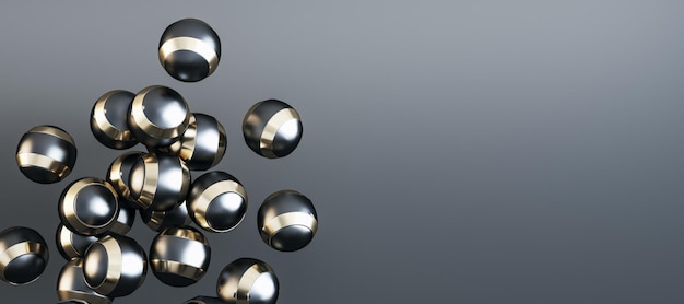 Photo creative wide image of shiny metal silver balls on grey background with mock up place design concept 3d rendering