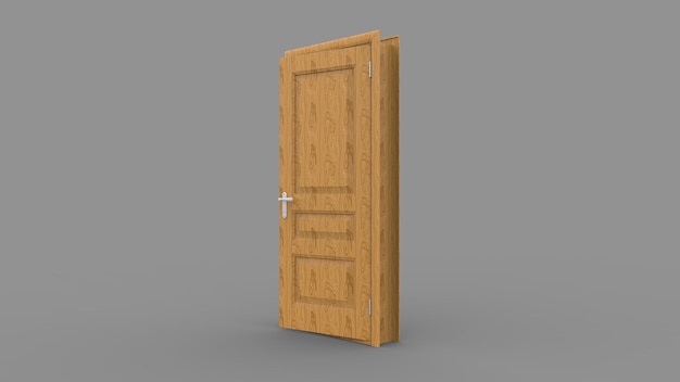 Креативная деревянная дверь, иллюстрация открытого входа закрытой двери, реалистичный дверной проем, изолированный на заднем плане 3d