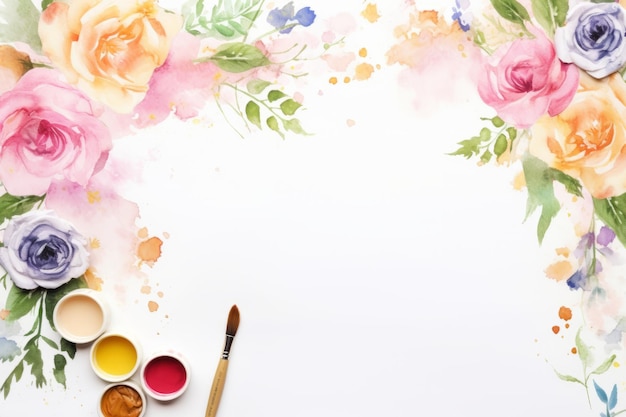 Creative workspace awash in watercolors an overhead view of paintbrushes palette tools and roses