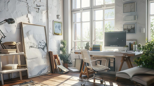 creative workspace featuring artistic monitor stand