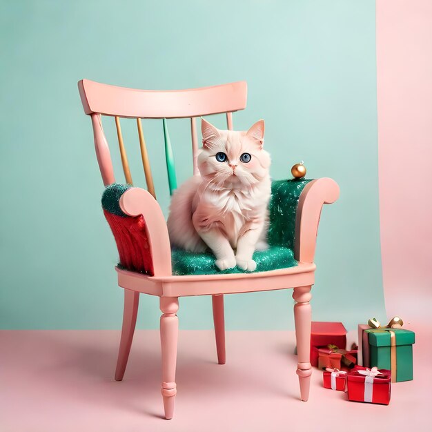 Creative Xmas Chair Cat on a pastel background