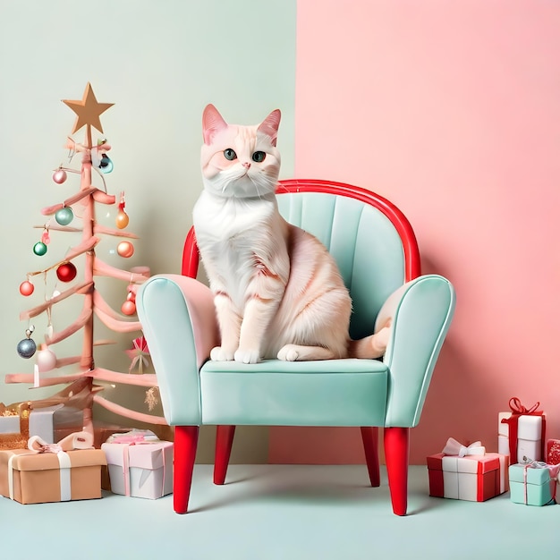 크리에이티브 Xmas 의자 파스텔 배경에 고양이
