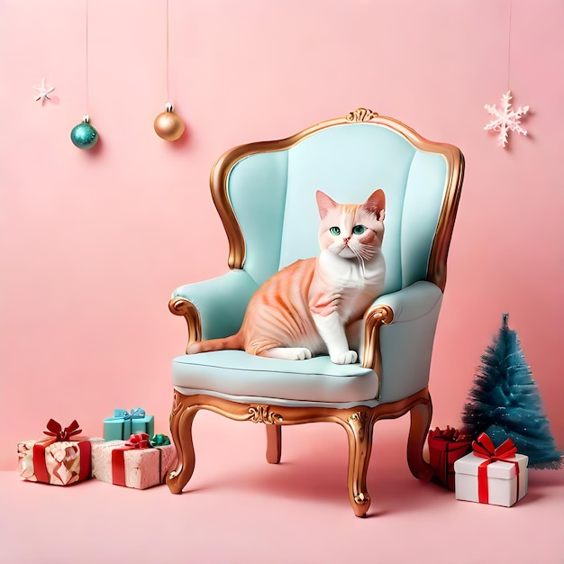 Creative Xmas Chair Cat on a pastel background
