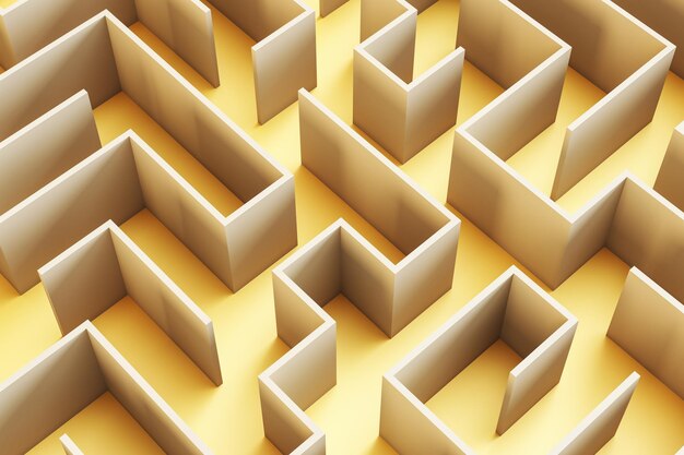 創造的な黄色の迷路の背景ソリューションの方法とチャレンジ コンセプト 3 d レンダリング